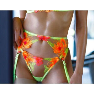 Honey Birdette CHRISTINE🌼 Neon Yellow Lace Floral Garter XS